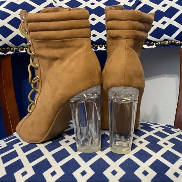 Light brown wheat lace up ankle high open toe clear heel booties size 9.5 - Picture 8 of 8